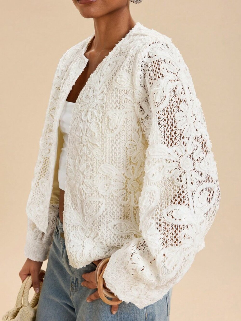 Apricot Casual Women's Floral Textured Long Sleeve Open Front Jacket - Picture 4 of 8